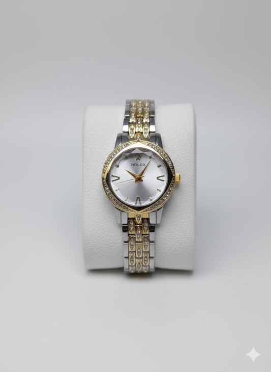 Elegance Series Women’s Statement Watch – Bi-Tone Metallic Finish with Radiant Crystal Bezel
