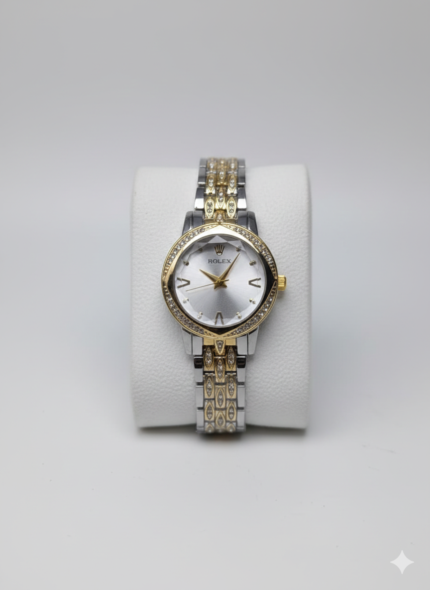 Elegance Series Women’s Statement Watch – Bi-Tone Metallic Finish with Radiant Crystal Bezel